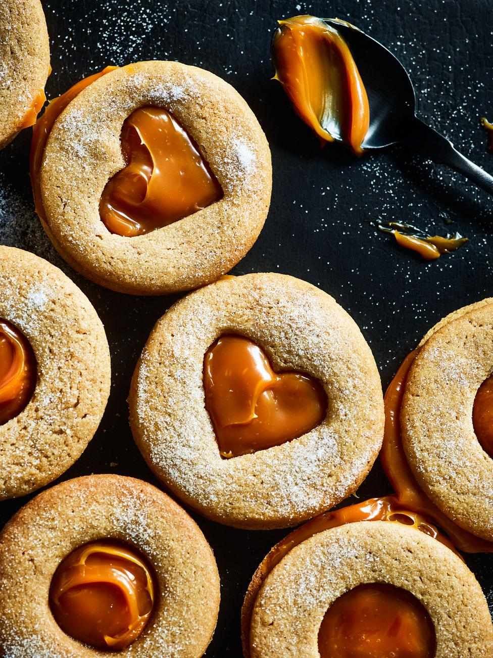 A close up of caramel biscuits