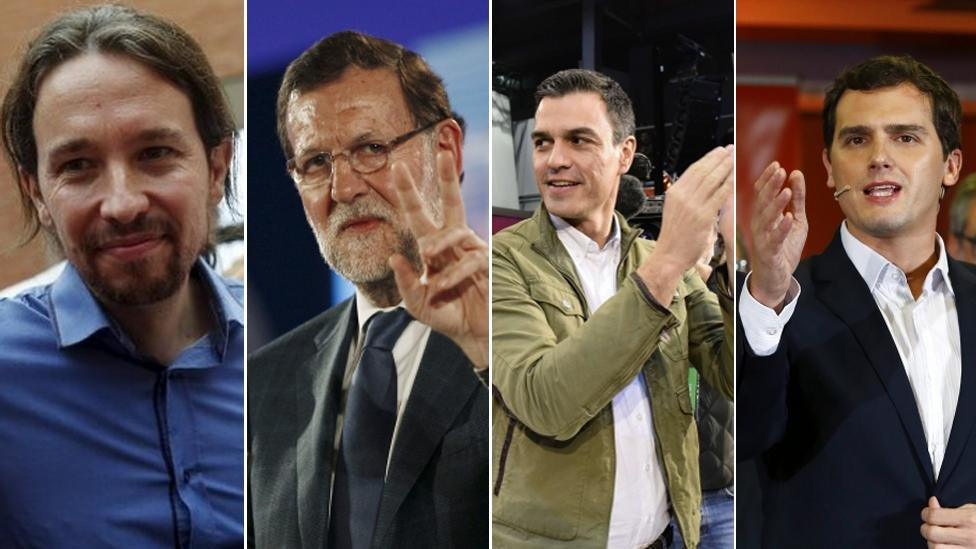 (L to R) Leader of Podemos, Pablo Iglesias, Spanish Prime Minister, Mariano Rajoy, Secretary general of Spanish Socialist Party (PSOE) Pedro Sanchez, and President of centre right party Ciudadanos (Citizens) Albert Rivera