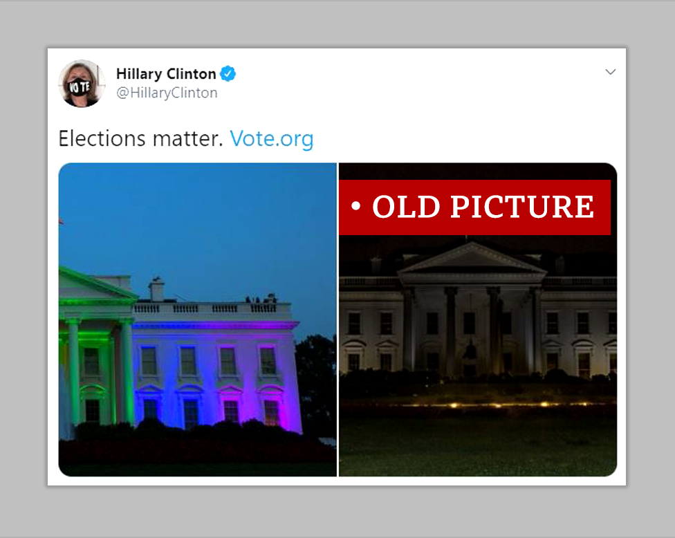 Hillary Clinton posted a photo of the White House lit up in the colours of the rainbow flag and an old, photoshopped image of the White House with the lights out. She wrote elections matter. We labelled the second image "Old picture"