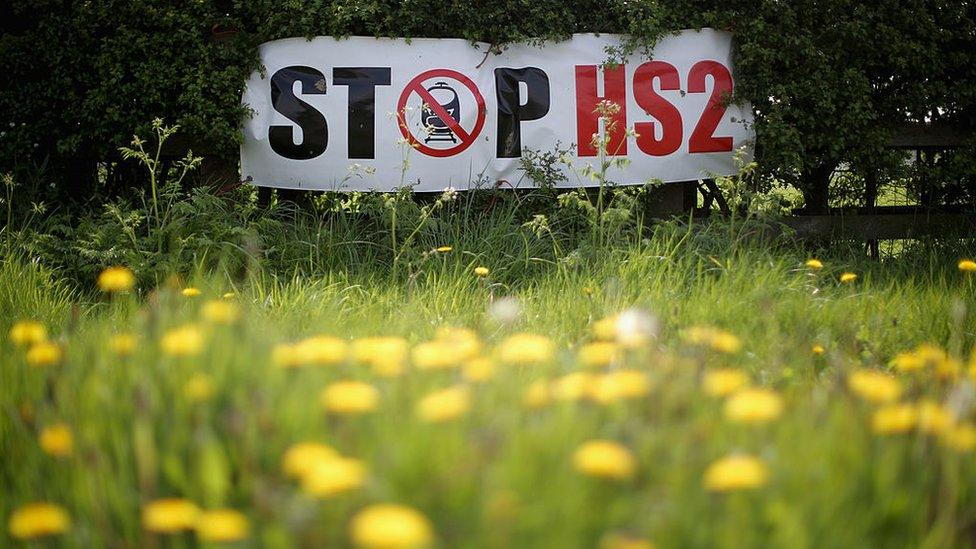 Stop HS2 posters mark the point where the proposed route of the new HS2 high speed rail link will pass through near to the village of Warburton