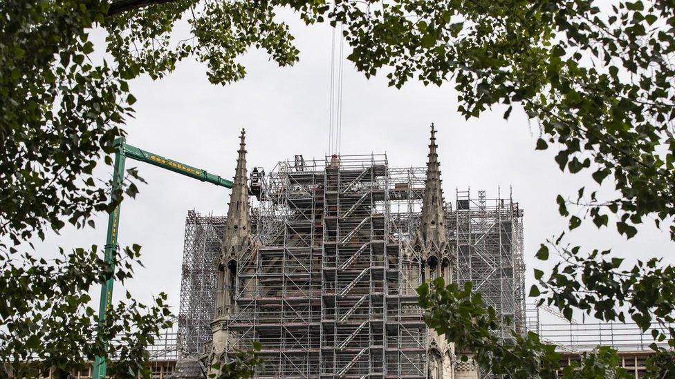 Work on top of Notre-Dame Cathedral, in Paris, France, 08 June 2020