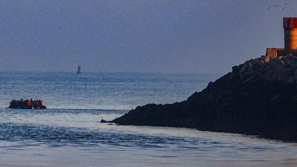 Migrant boat at sea, off the coast of Calais