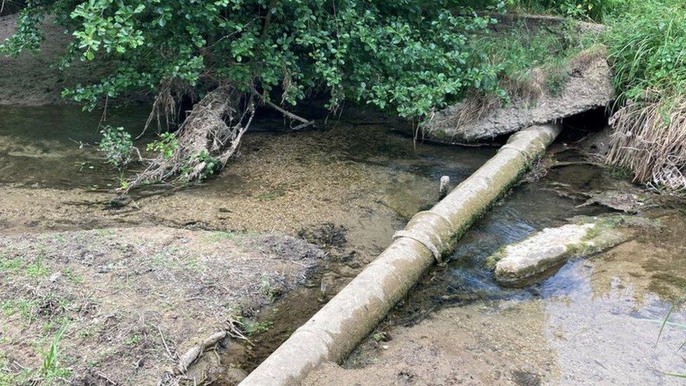 Exposed pipe in bed of River Granta