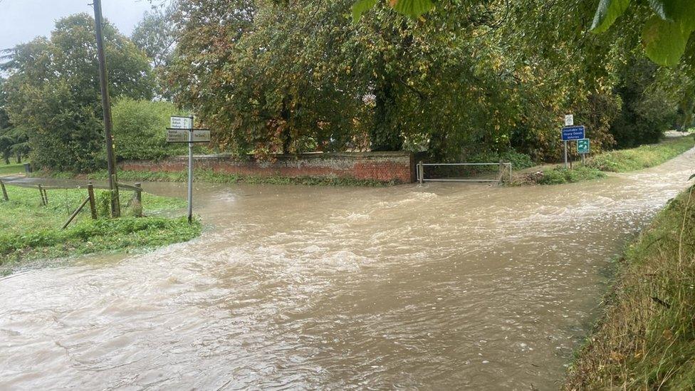 Flooded road in Flowton, Ipswich