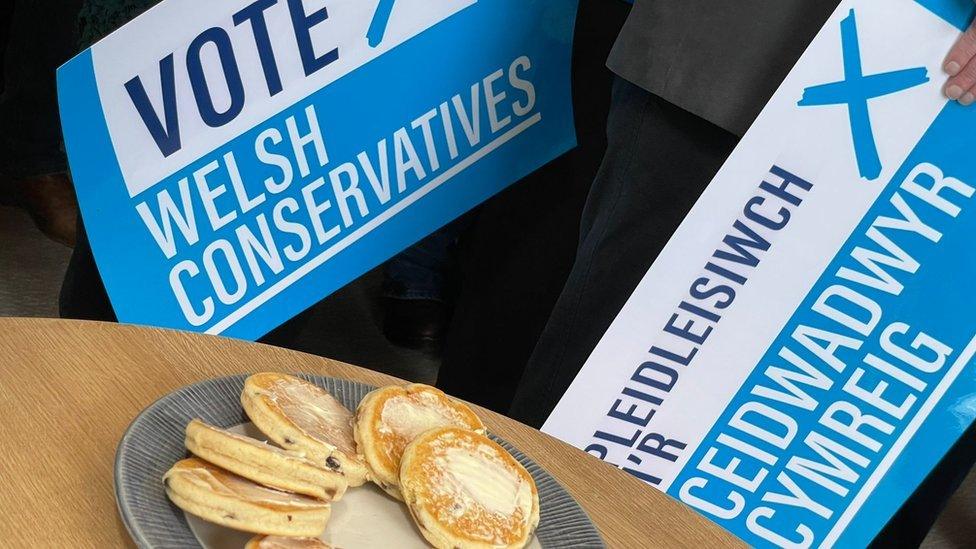 Welsh cakes and Welsh Conservative campaign placards