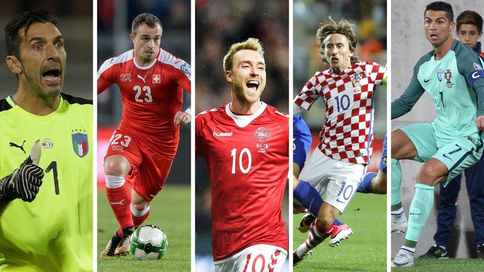 Gianluigi Buffon, Xherdan Shaqiri, Christian Eriksen, Luka Modric and Cristiano Ronaldo