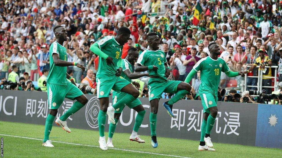 Mbaye Niang of Senegal celebrates with teammates after scoring his team's second goal during the 2018 FIFA World Cup Russia group H match between Poland and Senegal at Spartak Stadium on June 19, 2018 in Moscow, Russia