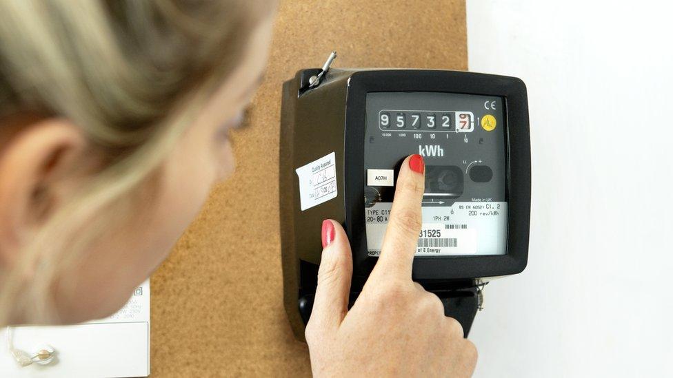 Woman reading electric meter - stock photo