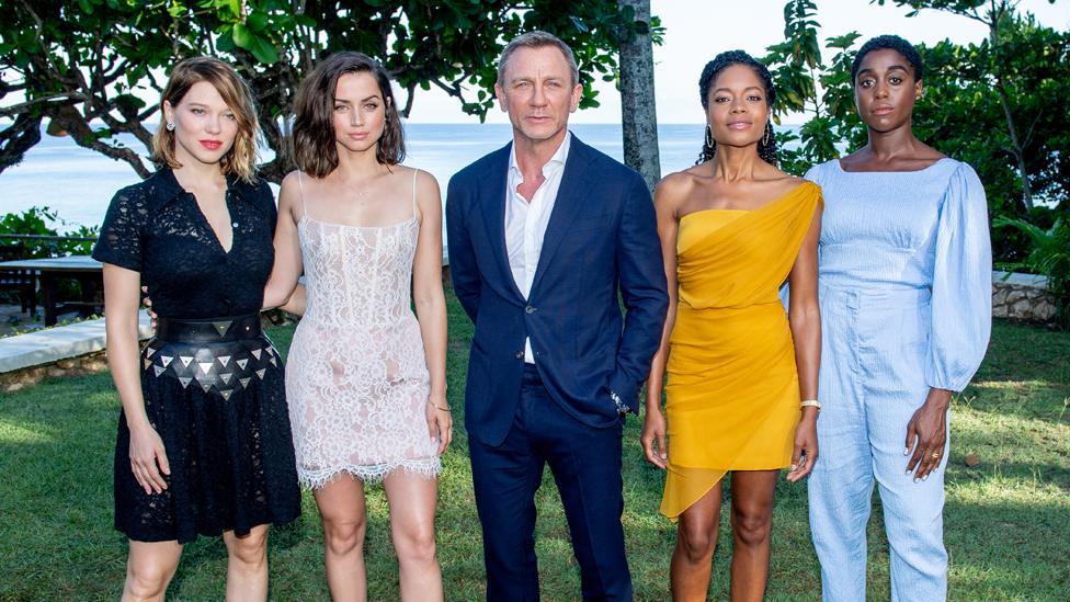 (L-R) Léa Seydoux, Ana de Armas, Daniel Craig, Naomie Harris and Lashana Lynch attend the Bond 25 film launch at writer Ian Fleming's home in Jamaica.