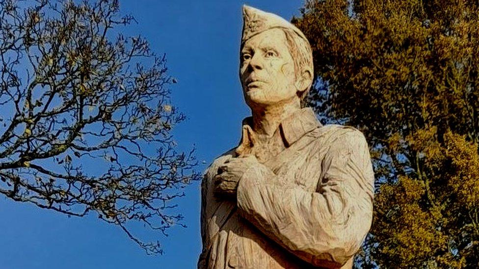 Statue of soldier with tear rolling down his face