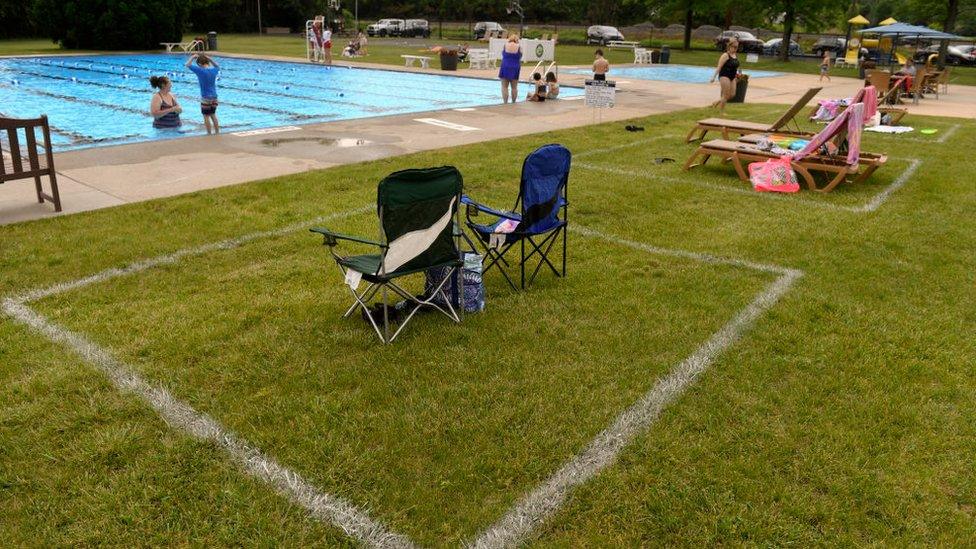 Painted areas on the grass for families to set up. At the Conrad Weiser Community Pool in Heidelberg Township Friday afternoon June 5, 2020