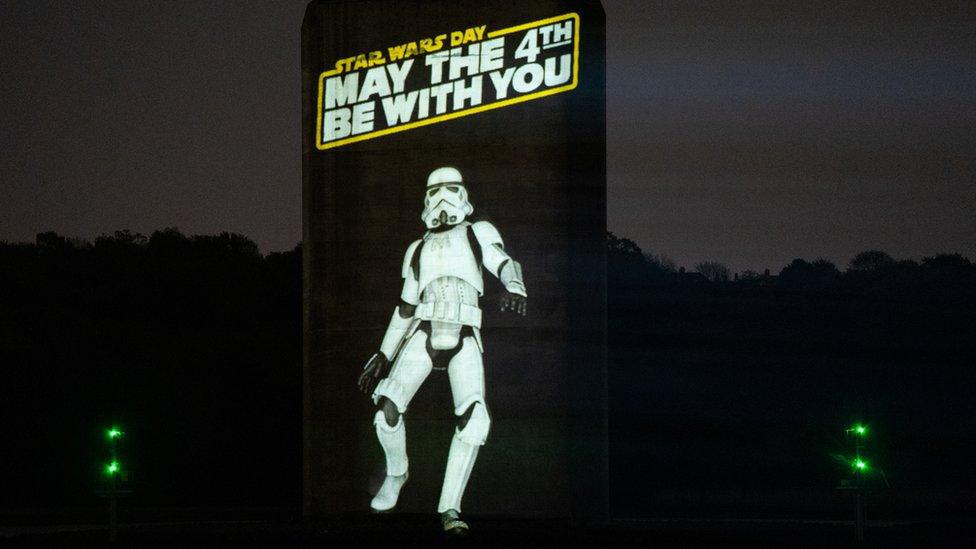 A projection of a Stormtrooper on Orwell Bridge