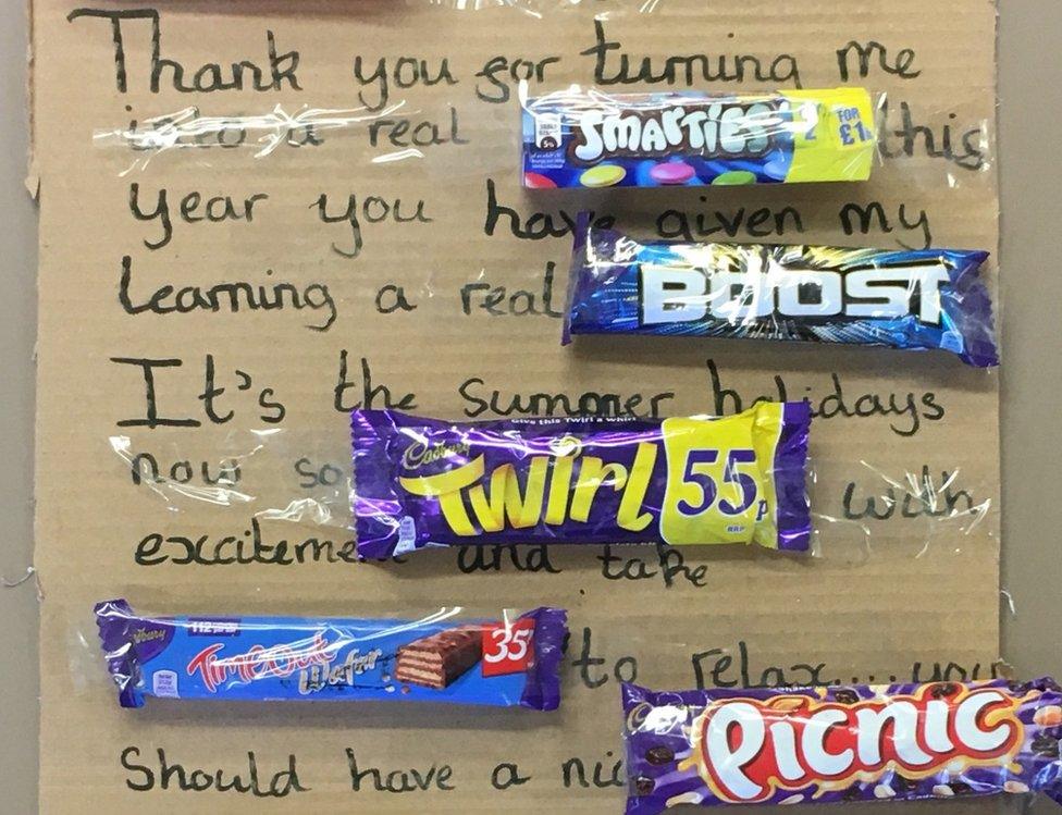 Part of the leaving gift which says: 'Thank you for turning me into a real SMARTIES this year. You have given my learning a real BOOST. It's the summer holidays now so TWIRL with excitement and take TIME OUT to relax. You should have a nice PICNIC