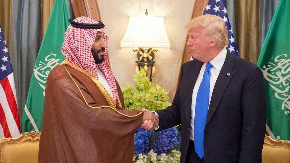 President Donald J. Trump shaking hands with Mohammed bin Salman during a bilateral meeting in Riyadh, Saudi Arabia, 20 May 2017