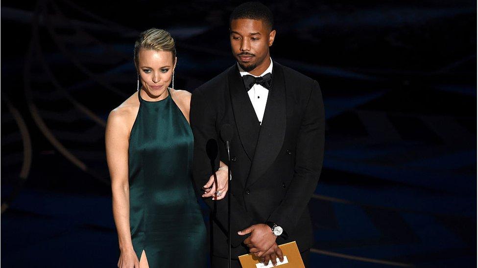 Rachel McAdams and Michael B Jordan present an award at the 2016 Oscars