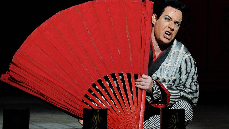 Anthony Warlow (R) who plays 'Ko-Ko' takes part in a rehearsal on August 26, 2009 for the Opera Australia production of 'The Mikado'