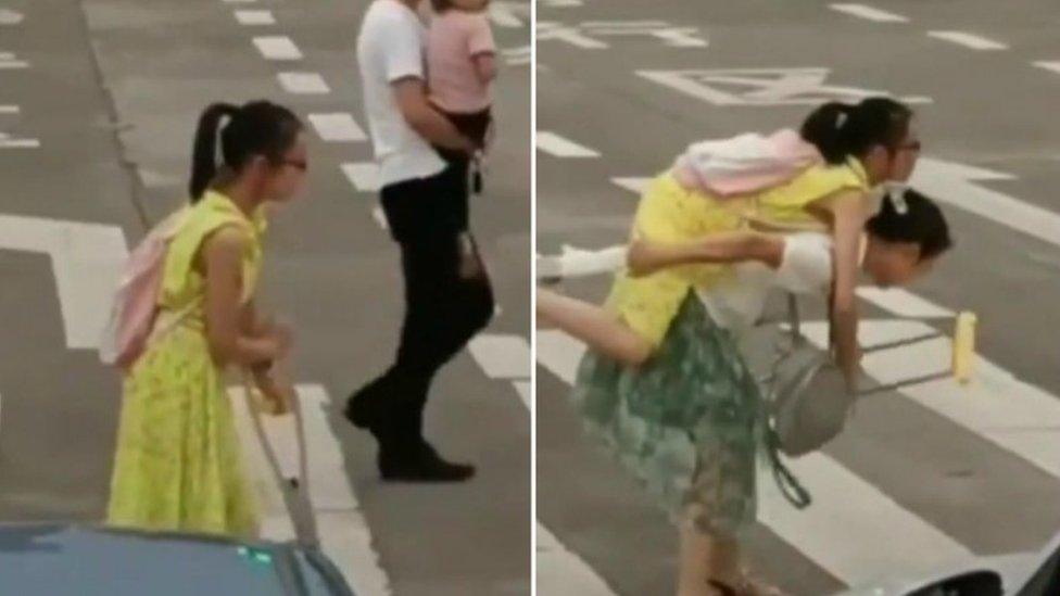 Composite image of woman crossing the road without help and with help