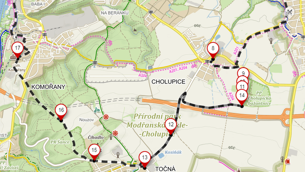 Map of cycle route through Prague's woods