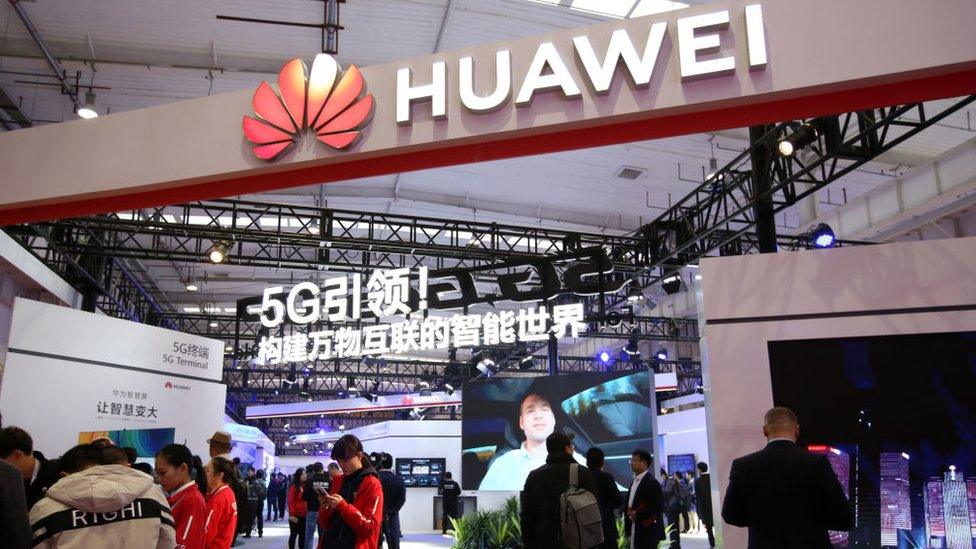 People visit the Huawei booth during 2019 World 5G Convention at Beijing Etrong International Exhibition & Convention Center on November 21, 2019 in Beijing, China.