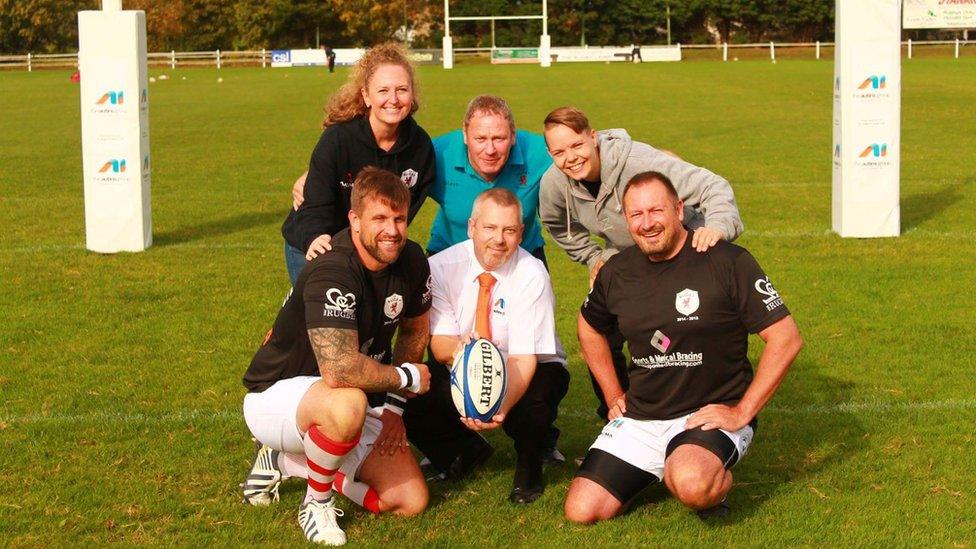 Katherine Johnson (marketing), director of rugby Steve King, player Sian Harrison (back left to right), player Ben Husthwaite, Jim Griffin of club sponsor Automotive Insulations and club vice chairman Jeff Nowill (front left to right)