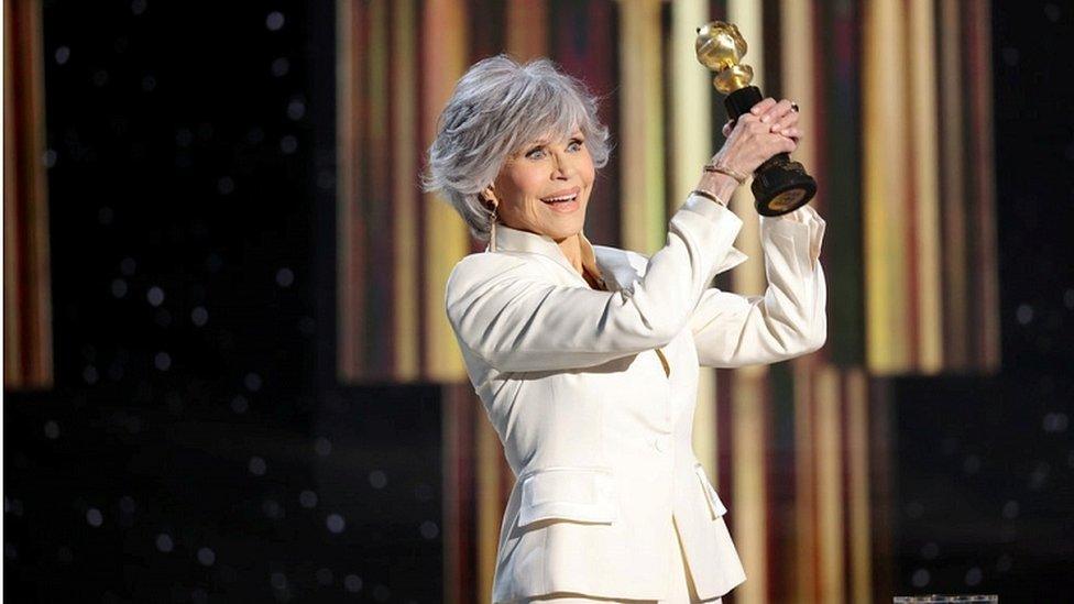 Jane Fonda accepts the Cecil B DeMille Award at the 78th Annual Golden Globe Awards