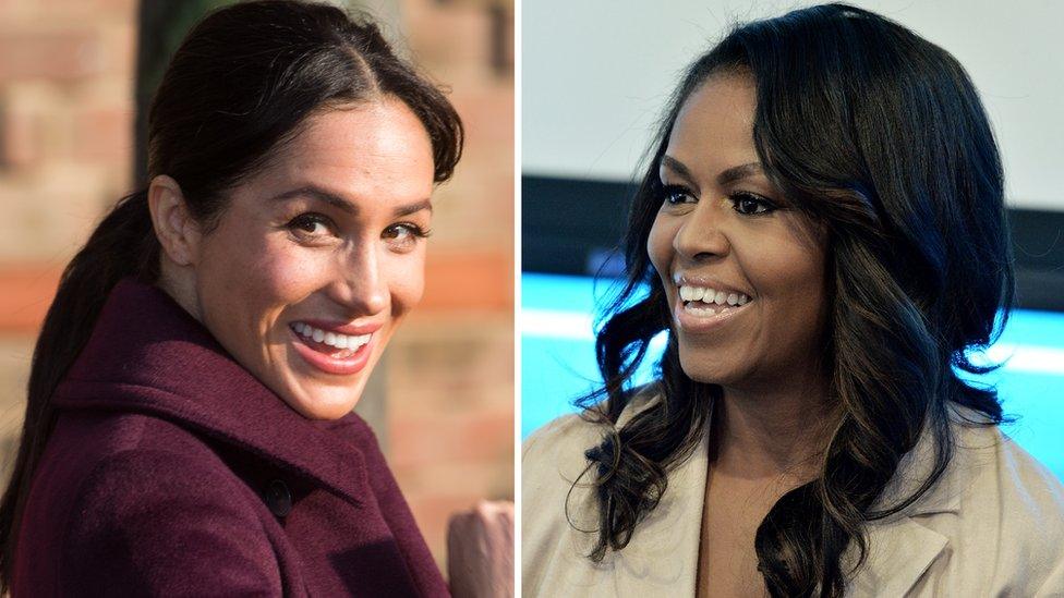 Side-by-side collage of Meghan and Michelle Obama