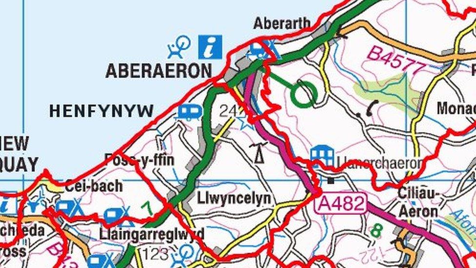 Map yn dangos lleoliad Henfynyw ar arfordir Ceredigion