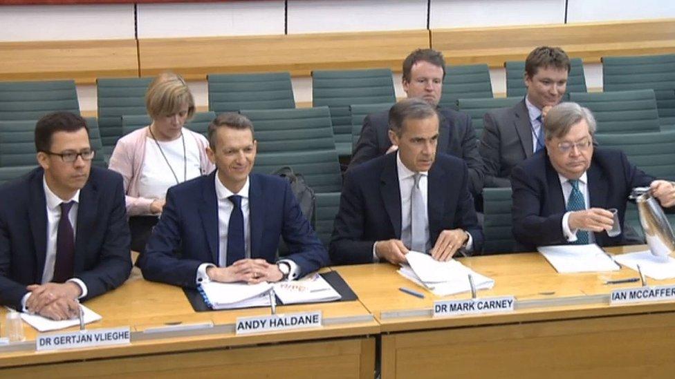 Member of the Monetary Policy Committee of the Bank of England Dr Gertjan Vlieghe, Chief Economist at the Bank of England Andy Haldane, Governor of the Bank of England Mark Carney and member of the Monetary Policy Committee of the Bank of England Ian McCafferty give evidence to the Treasury Select Committee in the House of Commons, London.