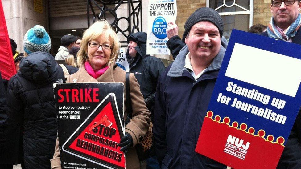 Seamus Kelters protesting against compulsory redundancies at the BBC