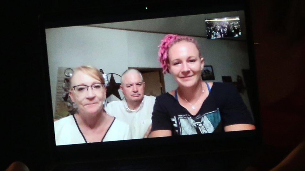 Reality Winner, right, seen on a Zoom call.