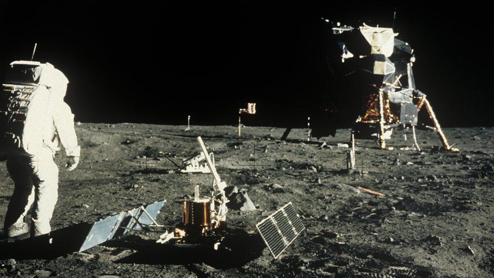 Photo of the Buzz Aldrin and the lunar module on the moon's surface during the Apollo 11 mission