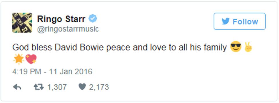 Ringo Starr tweet: God bless David Bowie peace and love to all his family