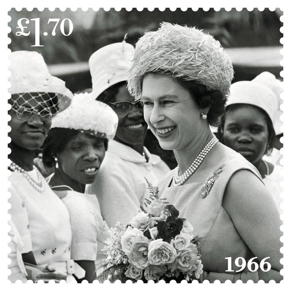 1966 stamp of the Queen on a visit to the West Indies