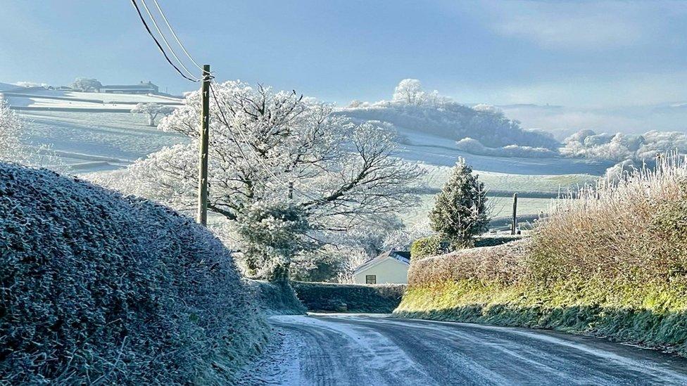 Snow covered trees and hills in Llandeilo, Carmarthenshire