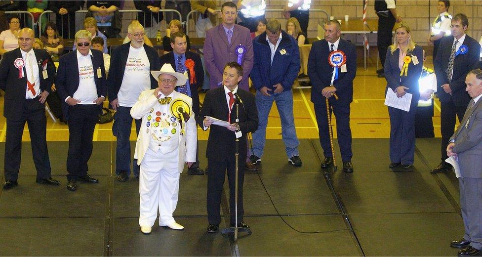 The candidates from the different parties line up during the Hartlepool By-Election at the Mill Hill Leisure Centre on September 30, 2004 in Hartlepool