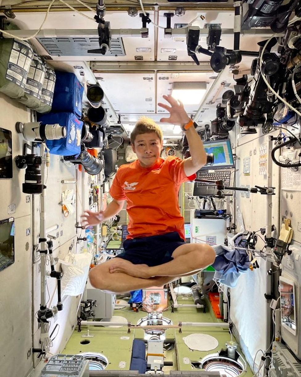 Japanese billionaire Yusaku Maezawa floats inside the International Space Station (ISS) as seen in this photo posted on social media.