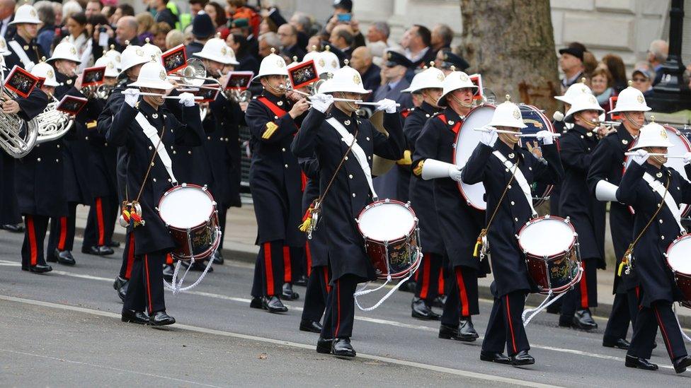 A band marches before the annual Remembrance Sunday service at the Cenotaph