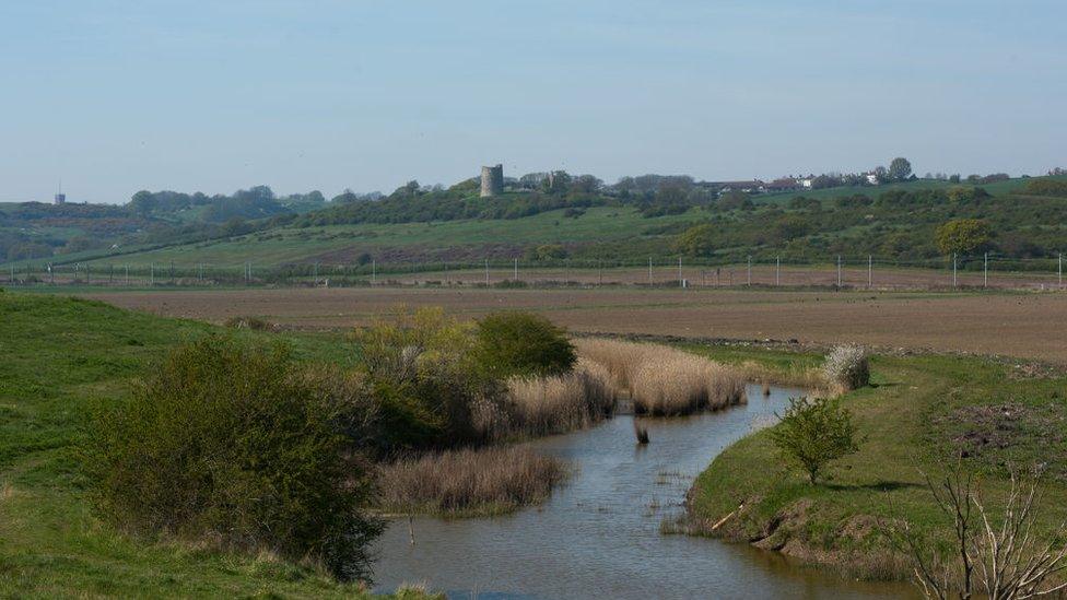 Hadleigh Castle in Essex, pictured from Two Tree Island