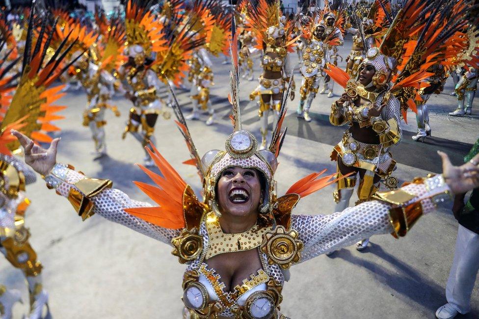 Members of the samba school of the Grupo Especial Especial Mocidade Independente de Padre Miguel take part in the traditional carnival parade at Marques de Sapucai sambadrome in Rio de Janeiro, Brazil, early 05 March 2019