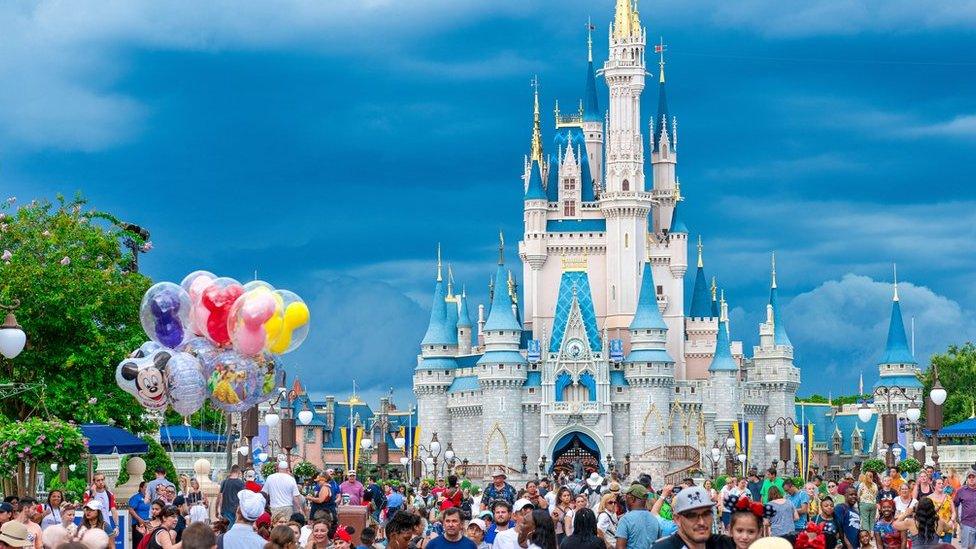 Crowd of people at the Cinderella Castle in Walt Disney World