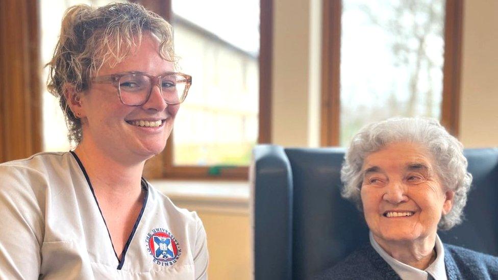 Nursing student Jaclyn Daly with care home resident Cathy Combe