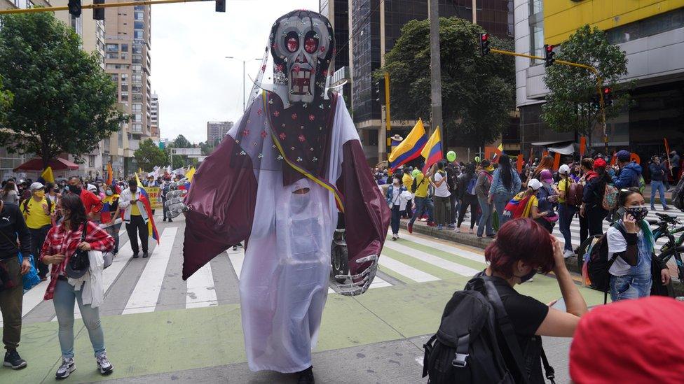 Art teacher Ramiro Velasco at a protest in Bogotá on 12 May 2021