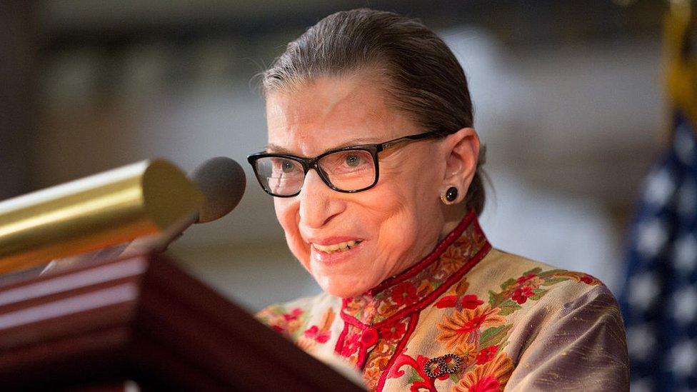 US Supreme Court Justice Ruth Bader Ginsburg speaks at an annual Women's History Month reception hosted by Nancy Pelosi in the U.S. capitol building on Capitol Hill in Washington, DC