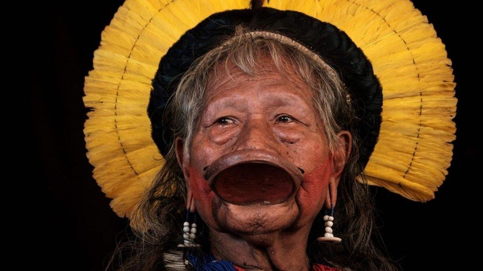 Raoni Metuktire of the Caiapo people at press conference ahead of the carnival parade at Cidade do Samba in Rio de Janeiro, Brazil on 24 February 2017