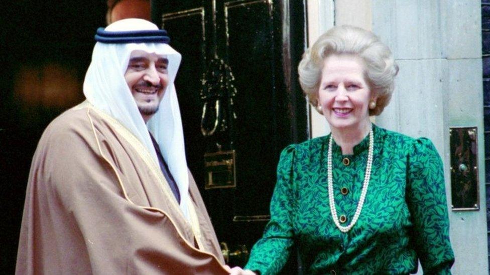 Margaret Thatcher shakes hands with King Fahd of Saudi Arabia outside Downing Street in 1987