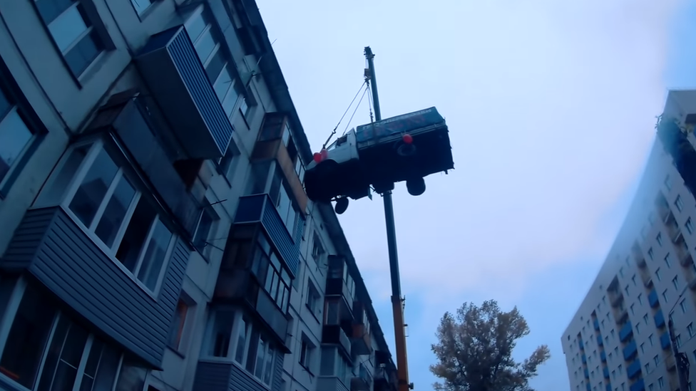 Birthday surprise van on a crane, Biysk, Siberia, September 2017