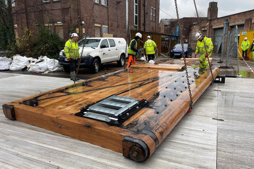 A lock gate before being lifted into place