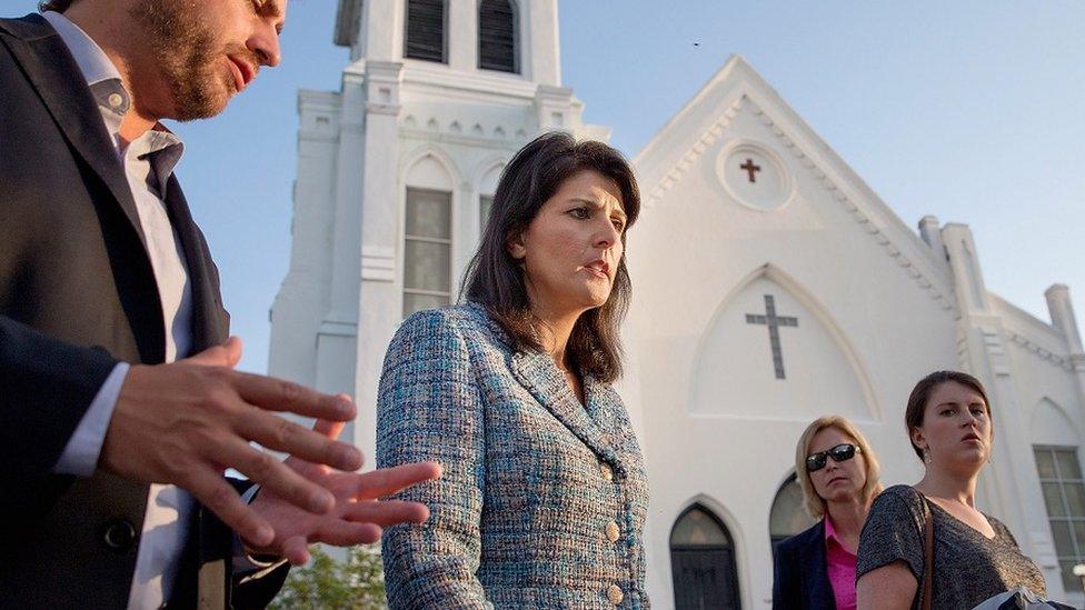 South Carolina Governor Nikki Haley walks outside the Emanuel African Methodist Episcopal Church in Charleston, South Carolina.