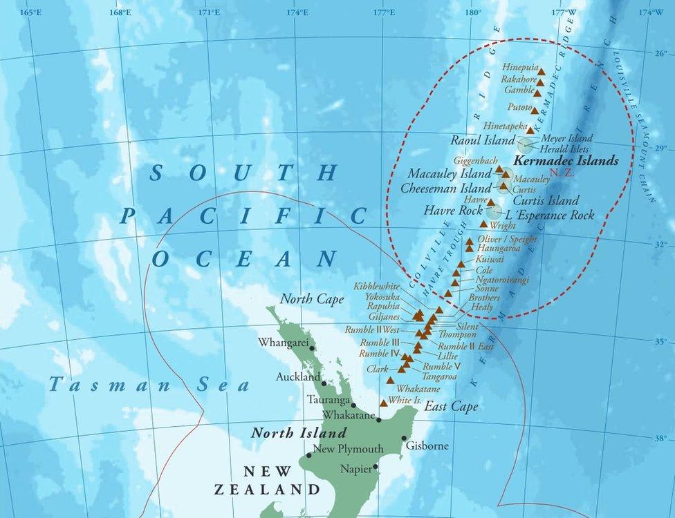 Map showing the new Kermadec marine reserve in New Zealand