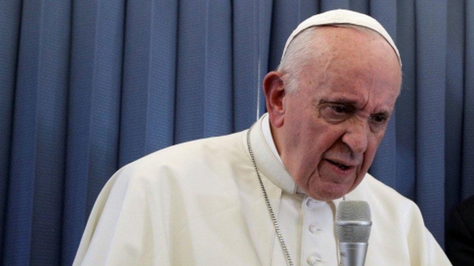 Pope Francis addresses journalists on the Papal plane returning from Dublin to Rome, 26 August 2018